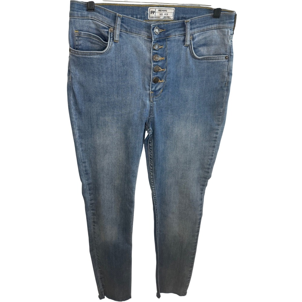 FREE PEOPLE Avery Blue Button Fly Distressed Raw Hem Skinny Jeans Women's Sz 30